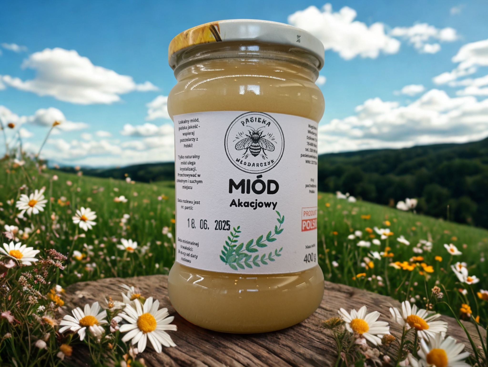 Słoik akacjowego miodu z etykietą Pasieki Włodarczyk, na tle łąki z kwitnącymi stokrotkami i zalesionych wzgórz, umieszczony na drewnianym postumencie.