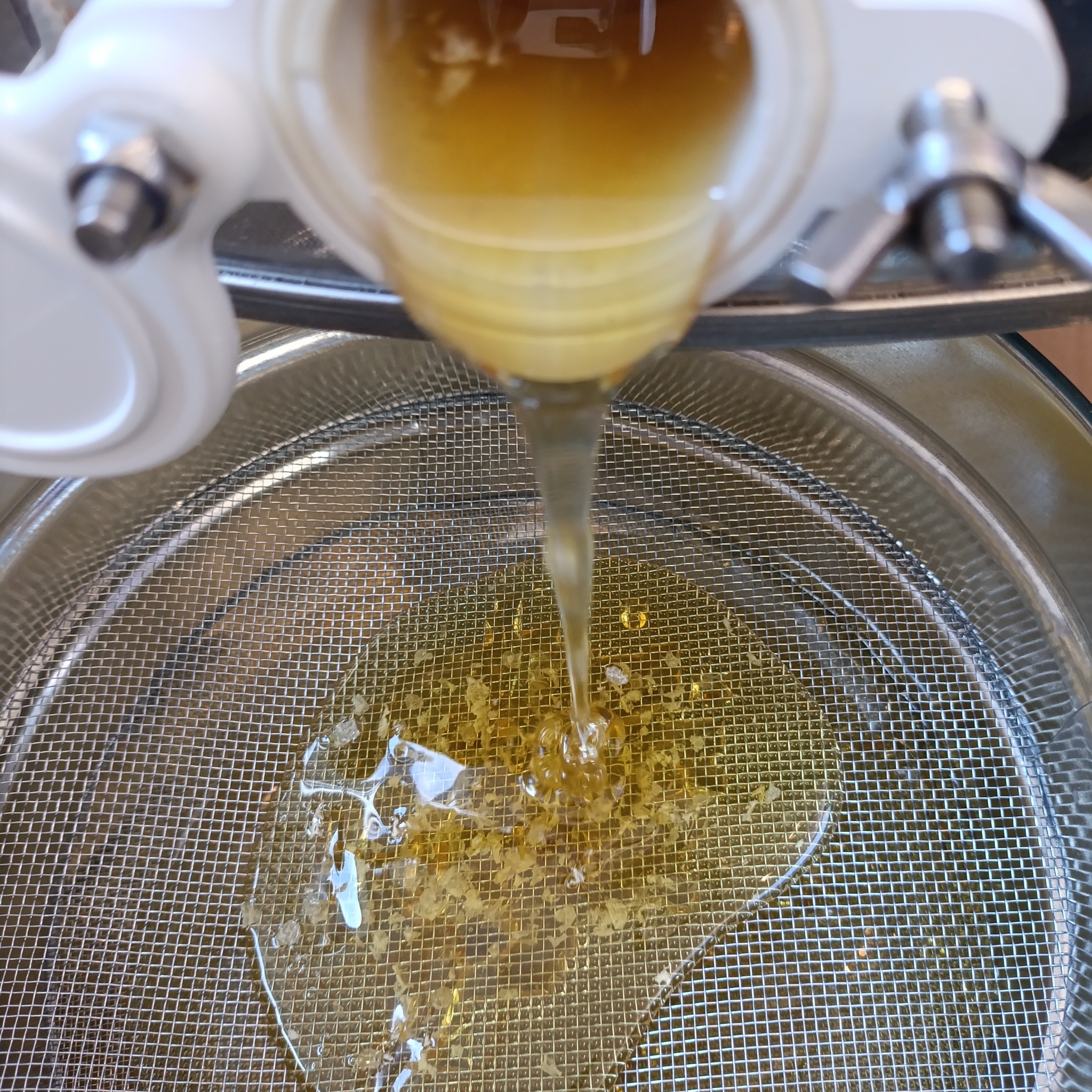 Proces filtracji miodu przez metalowe sito w Wałczu, z widocznymi drobinami wosku i klarownym strumieniem spływającego produktu. Górna część urządzenia do filtracji.