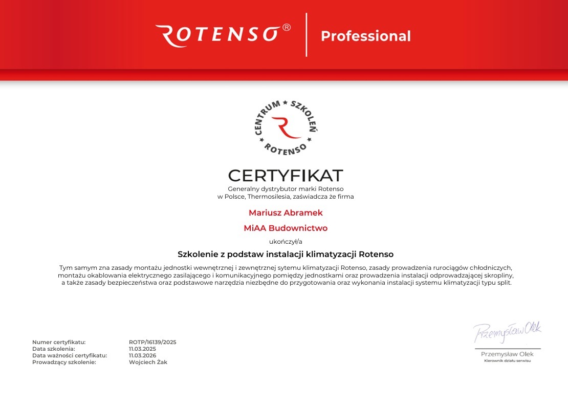 Certyfikat ukończenia szkolenia z instalacji klimatyzacji Rotenso, z logo firmy, danymi uczestnika i numerem certyfikatu.