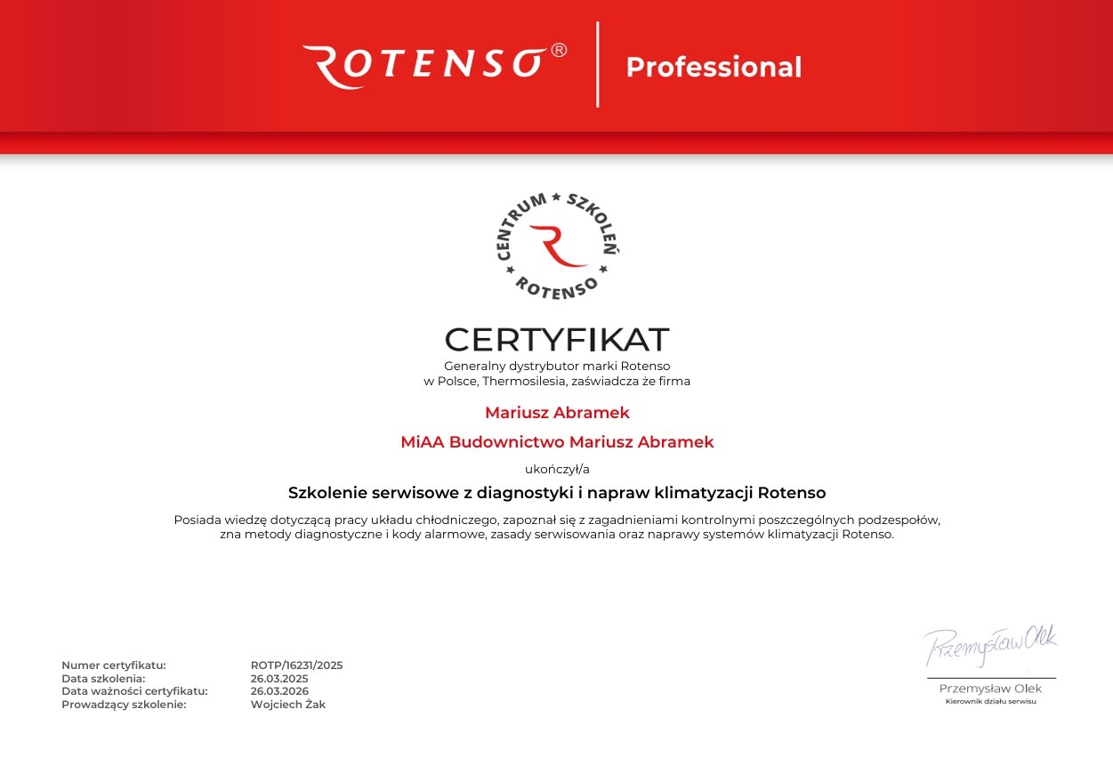 Certyfikat Rotenso potwierdzający ukończenie szkolenia serwisowego z diagnostyki i napraw klimatyzacji, wydany dla Mariusza Abramka przez Centrum Szkoleń Rotenso.