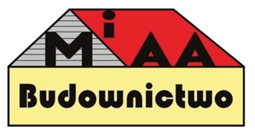 Logo firmy budowlanej: stylizowany dom z napisem 'Budownictwo' na żółtym tle, szary dach z poziomymi liniami i czerwona połówka dachu z literami M i AA.