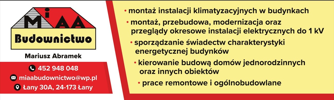 Wizytówka firmy budowlanej MIAA Budownictwo Mariusza Abramka z ofertą montażu instalacji klimatyzacyjnych w budynkach.
