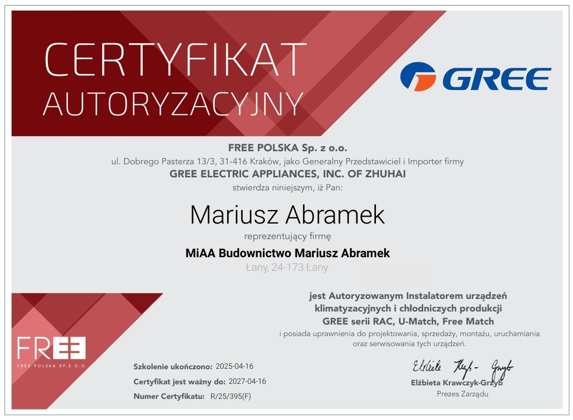 Certyfikat autoryzacyjny firmy FREE POLSKA Sp. z o.o. uprawniający Mariusza Abramka do instalacji urządzeń klimatyzacyjnych i chłodniczych GREE.