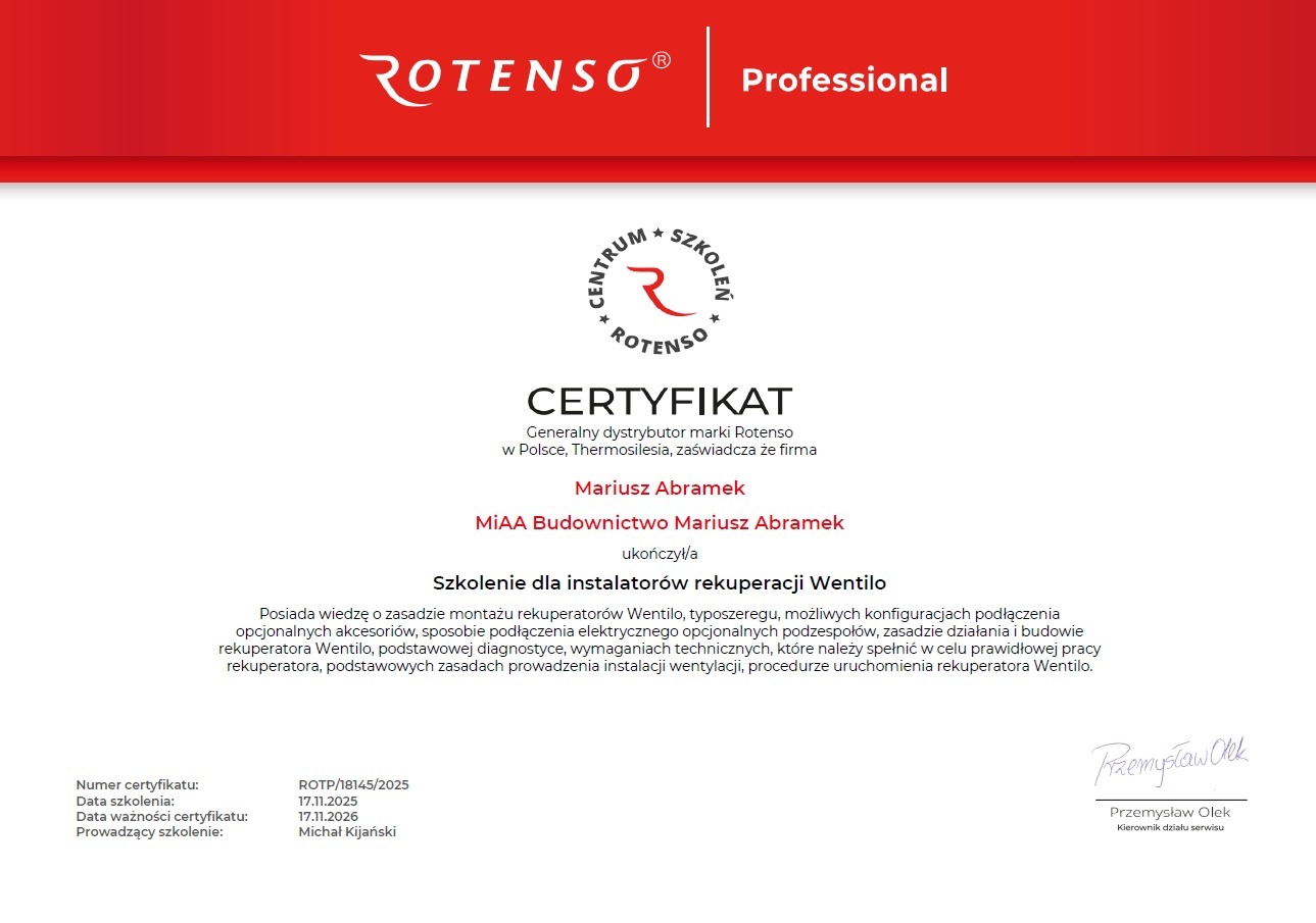 Certyfikat Rekuperacja Rotenso Wentilo