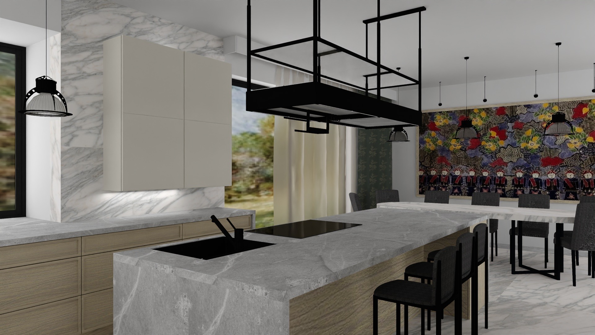 Wizualizacja nowoczesnej kuchni z wyspą i marmurowym blatem. Nad wyspą zawieszony czarny okap. W tle stół z krzesłami i dekoracyjna ściana.