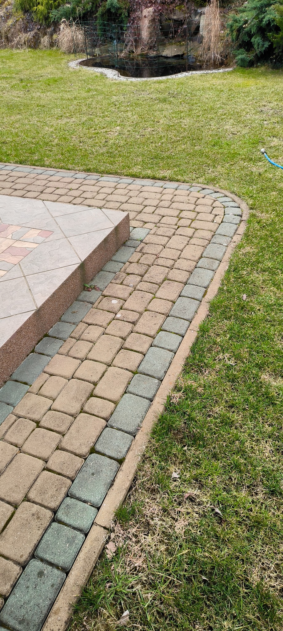 Ułożona z dwukolorowej kostki brukowej ścieżka w ogrodzie, obok trawnik i oczko wodne w tle.