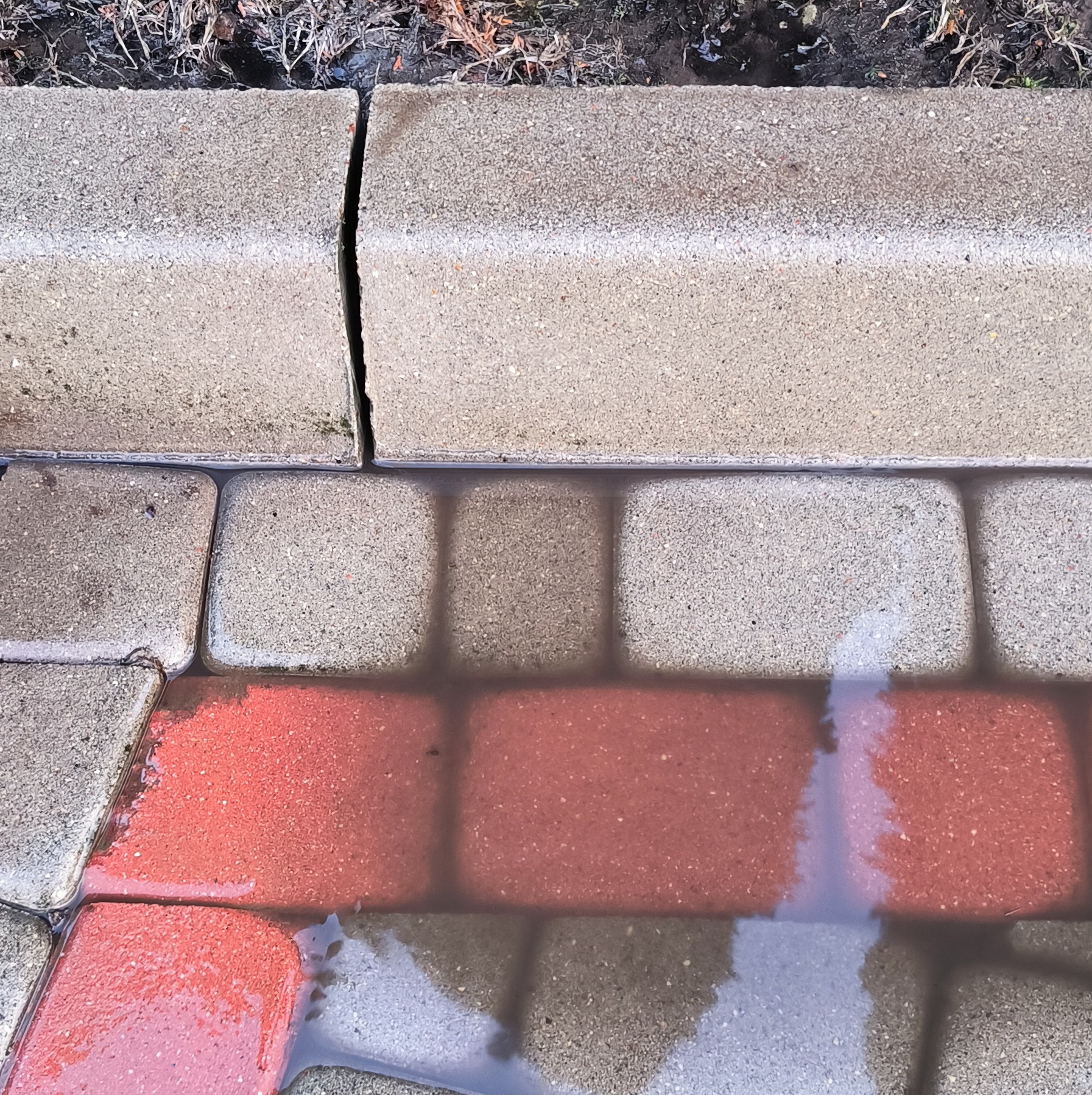 Mokre, czerwono-szare kostki brukowe częściowo zanurzone w wodzie, z szarym obrzeżem krawężnika na górze.