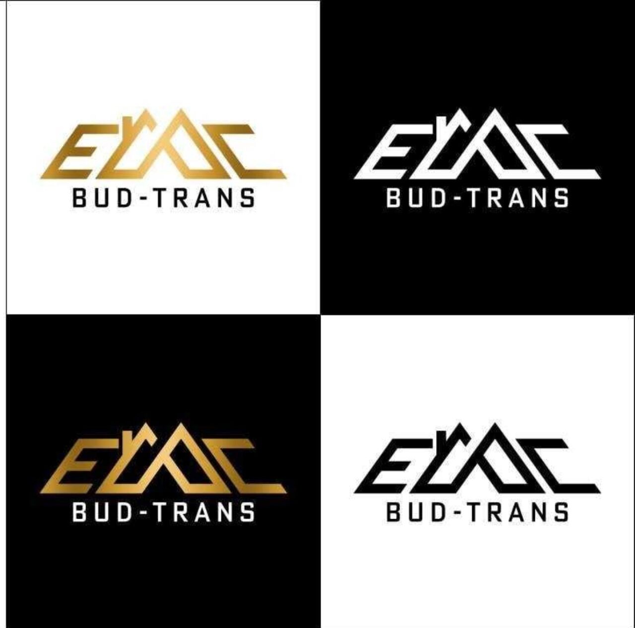 Logo firmy Bud-Trans przedstawione w czterech wariantach kolorystycznych: złote na białym tle, białe na czarnym tle, złote na czarnym tle i czarne na białym tle. Stylizowane litery tworzą kształt...
