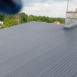 KAMBUD Kamil Warchał - Szary dach z blachy trapezowej po renowacji, widoczny komin z szarą obróbką blacharską. W tle zieleń drzew i fragmenty zabudowań. Dach w promieniach słońca.
