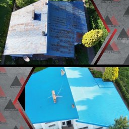 RAFTRIS - DACHY RAFAŁ RADWAN - Zdjęcie z drona przedstawia dach domu przed i po malowaniu na kolor niebieski. Na górnej części widoczny dach przed malowaniem, na dolnej po malowaniu. Na zdjęciu widoczne logo firmy 'Dachy Raftris'.