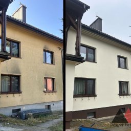 RAFTRIS - DACHY RAFAŁ RADWAN - Porównanie elewacji domu przed i po renowacji: po lewej stronie widoczny brudny, żółtawy budynek, po prawej odświeżona, biała elewacja z brązowym cokołem i nowym logo firmy.