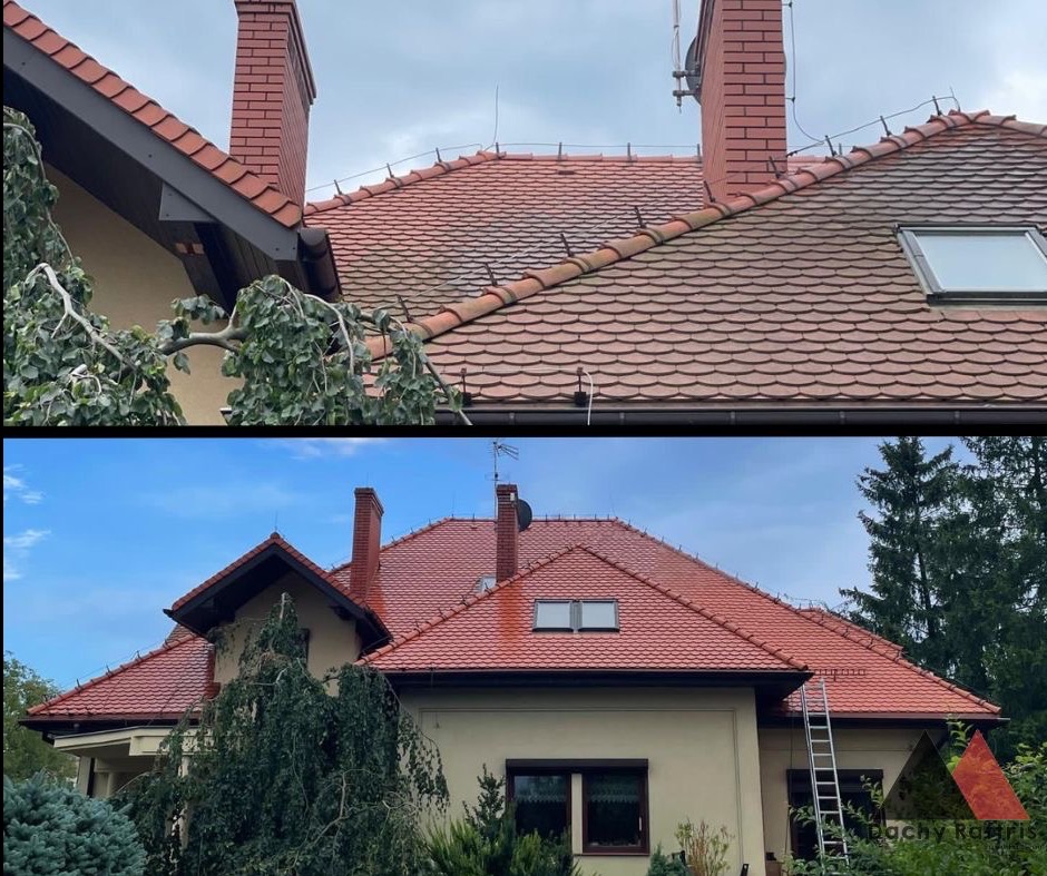 Porównanie dachu przed i po renowacji: górna część zdjęcia prezentuje brudną, matową powierzchnię, dolna część ukazuje dach po czyszczeniu i odświeżeniu koloru, z wyraźnym połyskiem i intensywną...