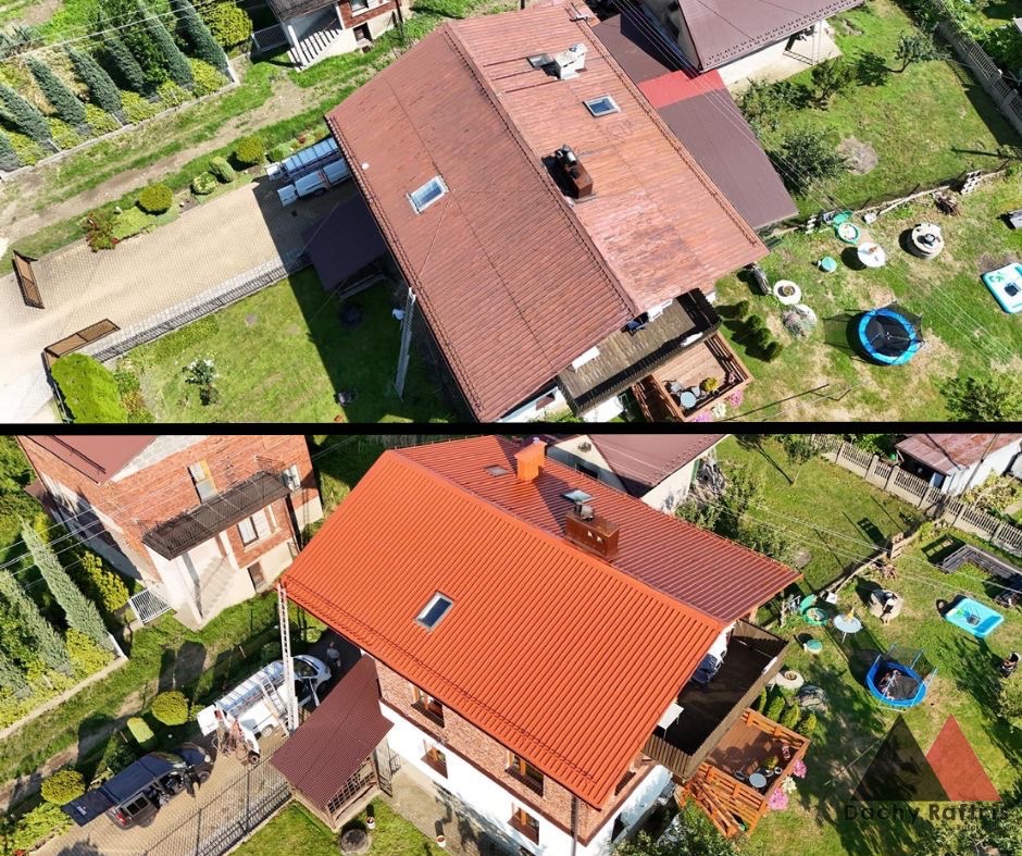 Porównanie stanu dachu przed i po renowacji, widok z lotu ptaka: dach przed renowacją jest ciemnobrązowy i wygląda na zabrudzony, natomiast po renowacji jest pomarańczowo-czerwony i czysty.