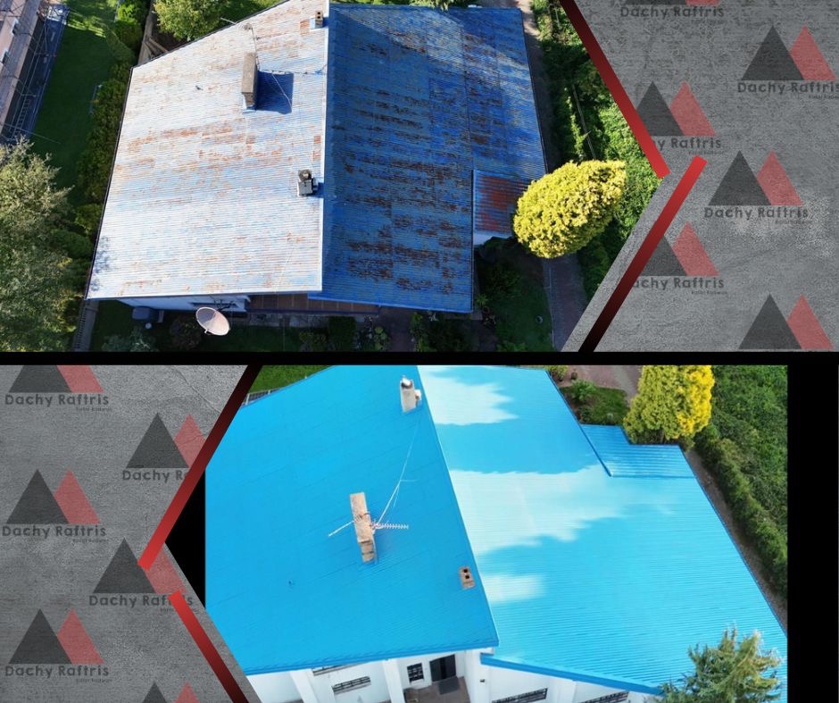 Zdjęcie z drona przedstawia dach domu przed i po malowaniu na kolor niebieski. Na górnej części widoczny dach przed malowaniem, na dolnej po malowaniu. Na zdjęciu widoczne logo firmy 'Dachy Raftris'.