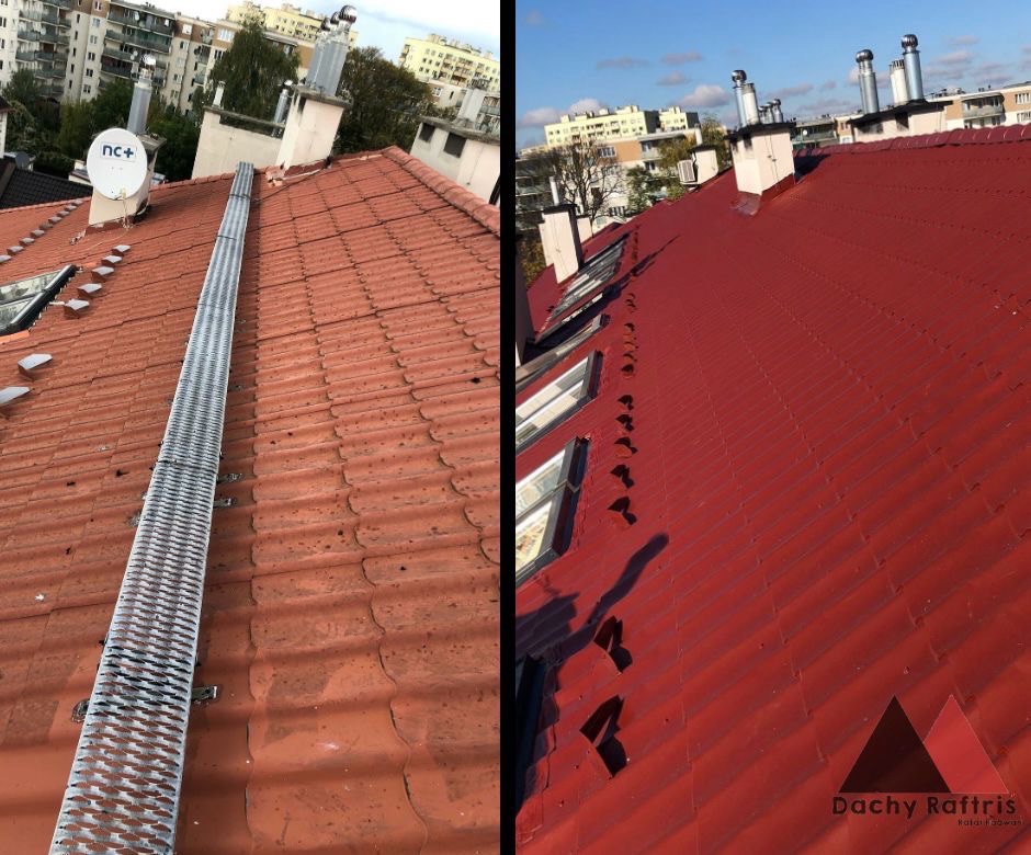 Porównanie dachu przed i po renowacji: po lewej stronie dach z pomarańczowej dachówki z zamontowaną metalową kładką, po prawej stronie dach pokryty czerwoną farbą, widoczne okna dachowe i kominy.