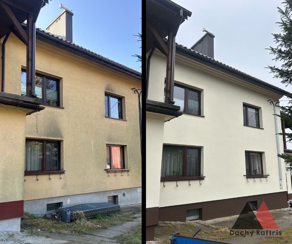 Porównanie elewacji domu przed i po renowacji: po lewej stronie widoczny brudny, żółtawy budynek, po prawej odświeżona, biała elewacja z brązowym cokołem i nowym logo firmy.
