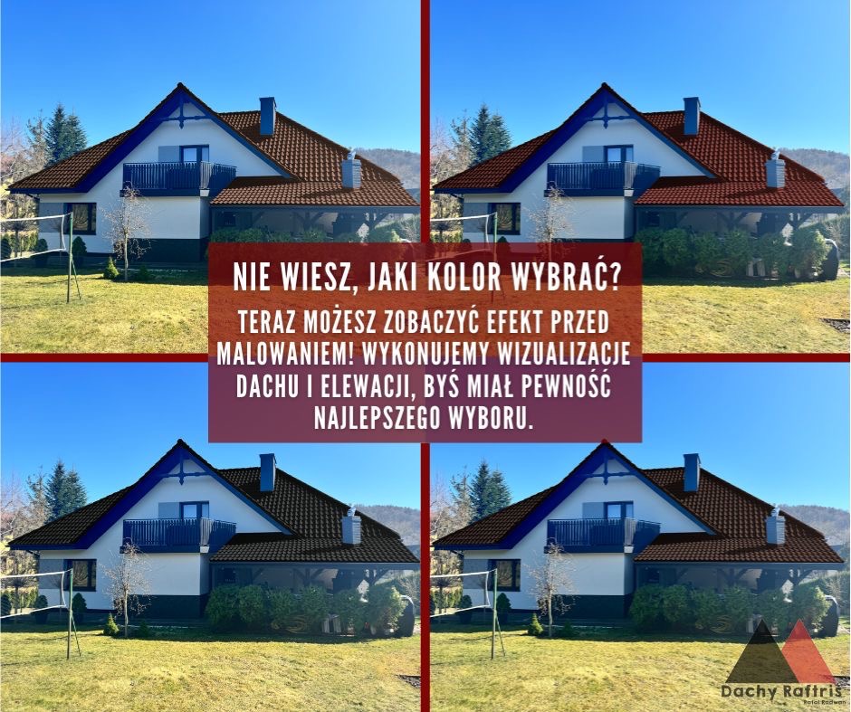 Wizualizacja domu przed i po zmianie koloru dachu: dach w kolorze brązowym i czarnym, elewacja biała z granatowymi elementami, na tle zielony trawnik i drzewa.