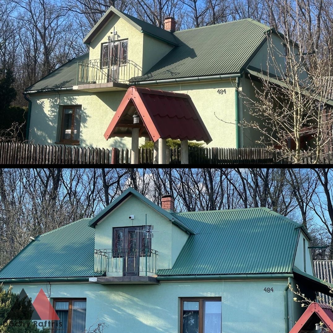 Dom jednorodzinny z zielonym dachem blaszanym i świeżo pomalowaną elewacją w odcieniach zieleni, widoczny z zewnątrz w słoneczny dzień.