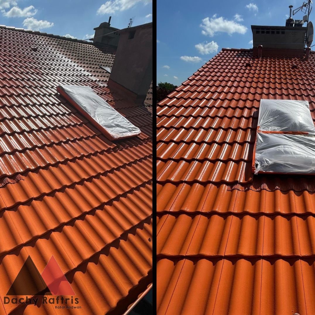 Błyszczący, pomarańczowy dach z dachówki ceramicznej po malowaniu, zabezpieczone okna dachowe, kontrastujące z błękitnym niebem w słoneczny dzień.