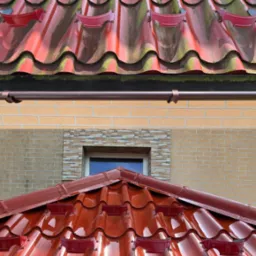 Zdjęcie dachu z czerwonej dachówki przed i po czyszczeniu. Górna część dachu pokryta mchem, dolna część dachu czysta, lśniąca. Widok na fragment elewacji.