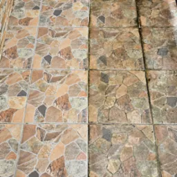 Płytki podłogowe z kamiennym wzorem, część wyczyszczona, część pokryta brudem i mchem. Efekt czyszczenia widoczny na połowie powierzchni.