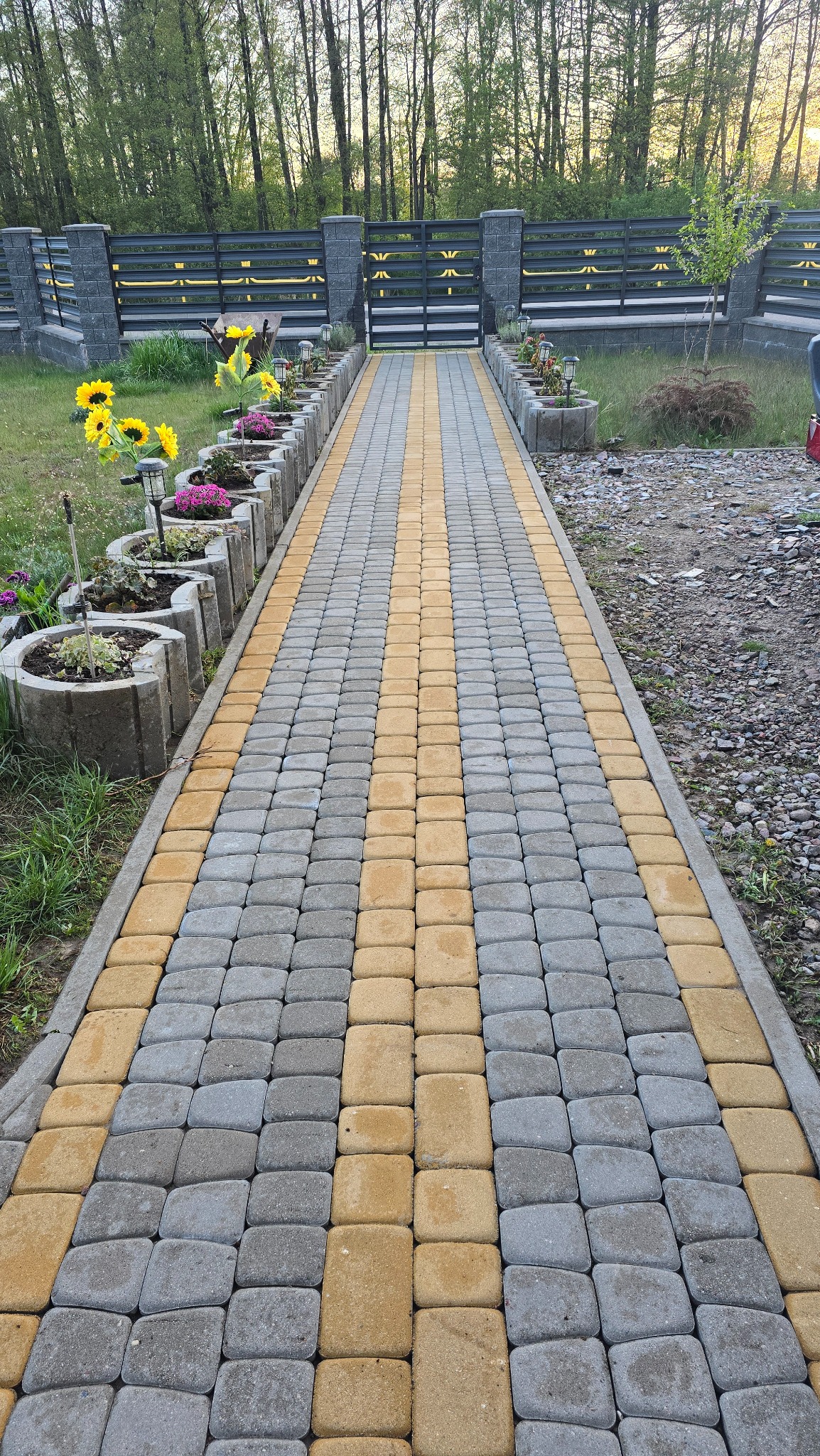 Ścieżka z kostki brukowej w odcieniach szarości i żółci prowadząca do bramy. Po bokach rabaty z kwiatami, w tle drzewa.
