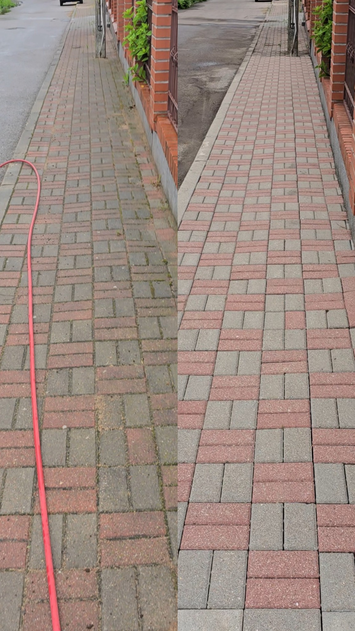 Efekt przed i po czyszczenia kostki brukowej w Suwałkach. Po lewej stronie brudna kostka, po prawej czysta. Widoczny wąż do mycia.