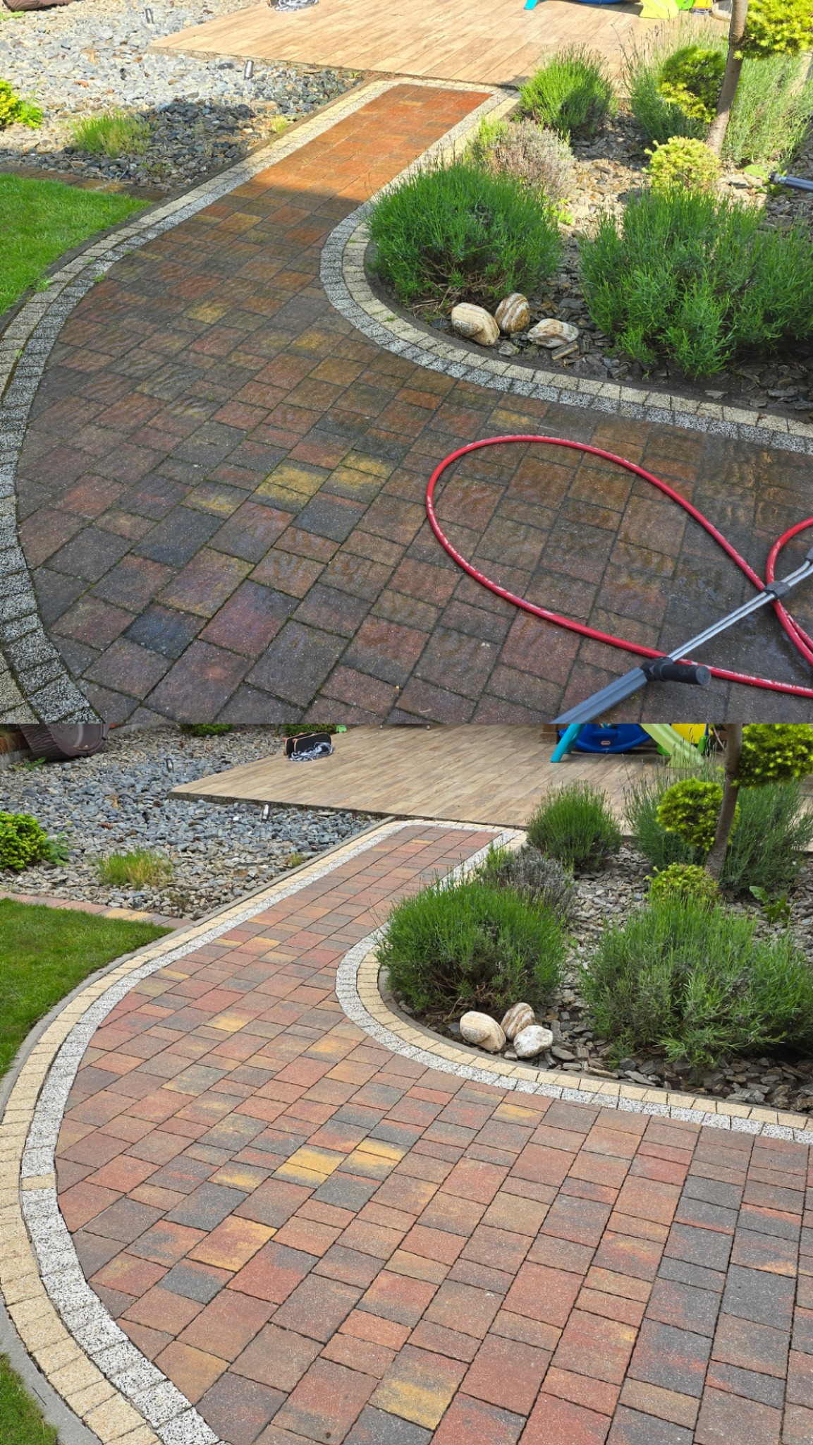 Częściowo umyta kostka brukowa na ścieżce ogrodowej, z widocznym wężem i lancą do mycia ciśnieniowego, oraz fragmentem drewnianego tarasu w tle.