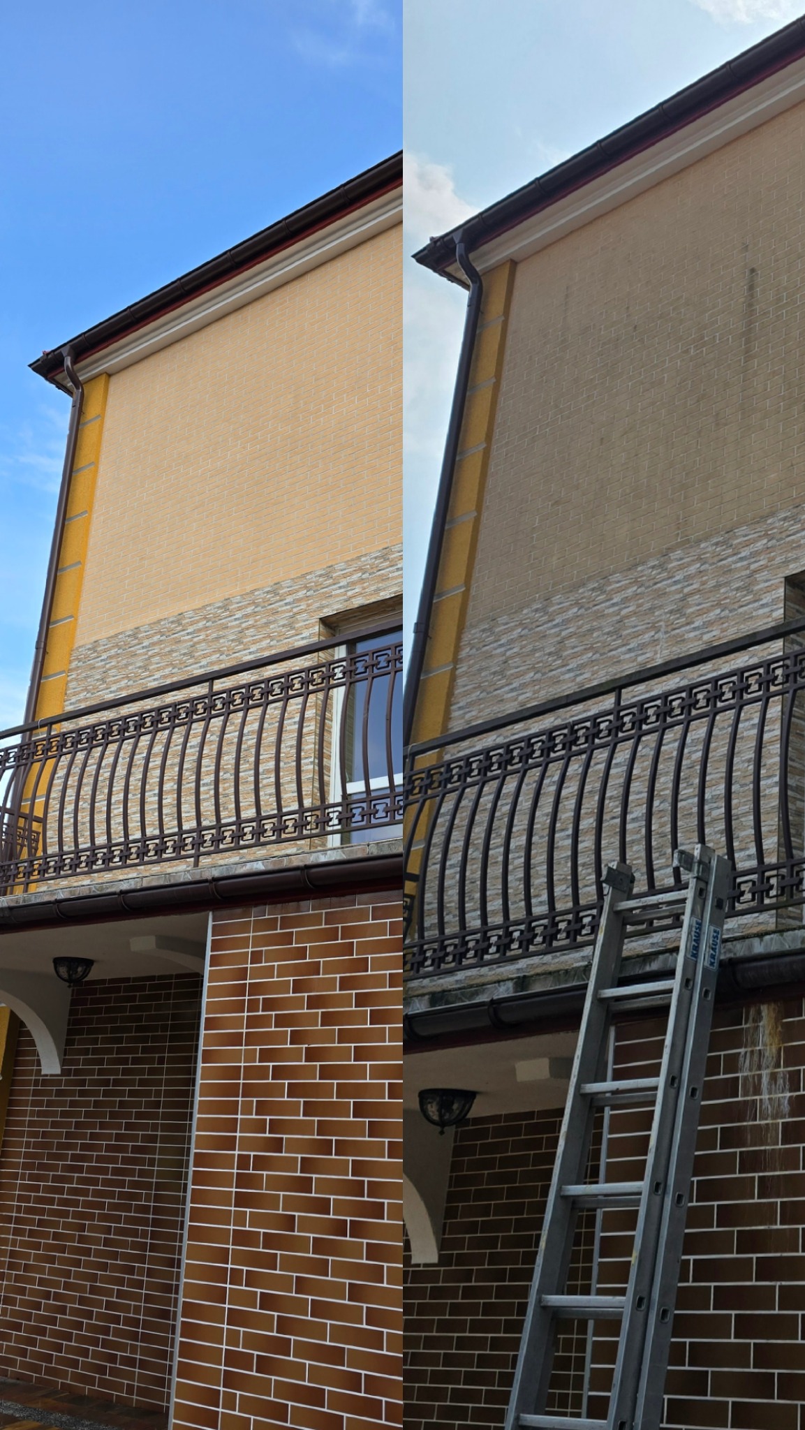 Porównanie elewacji budynku przed i po czyszczeniu, widoczne różnice w zabrudzeniach na ścianie, balkon z metalową balustradą i drabina oparta o ścianę.