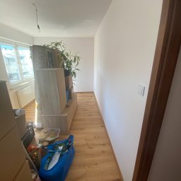 ANDRIY ANDRIISHYN - Jasne wnętrze po odświeżeniu: świeżo pomalowana ściana w korytarzu z drewnianą podłogą, widoczny fragment mebli i roślin w tle, przygotowane do dalszego wykończenia.