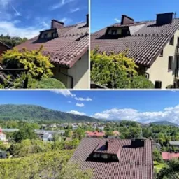 Czerwona dachówka na skośnym dachu domu z widokiem na góry i błękitne niebo. Ujęcie z góry, pokazujące detale dachu i otoczenie.