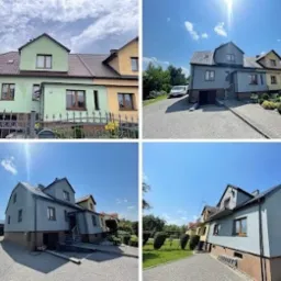 Fotografia domu przed i po malowaniu elewacji. Lewa strona w kolorach, prawa w szarościach. Widoczne zmiany kolorystyczne i odświeżony wygląd budynku.