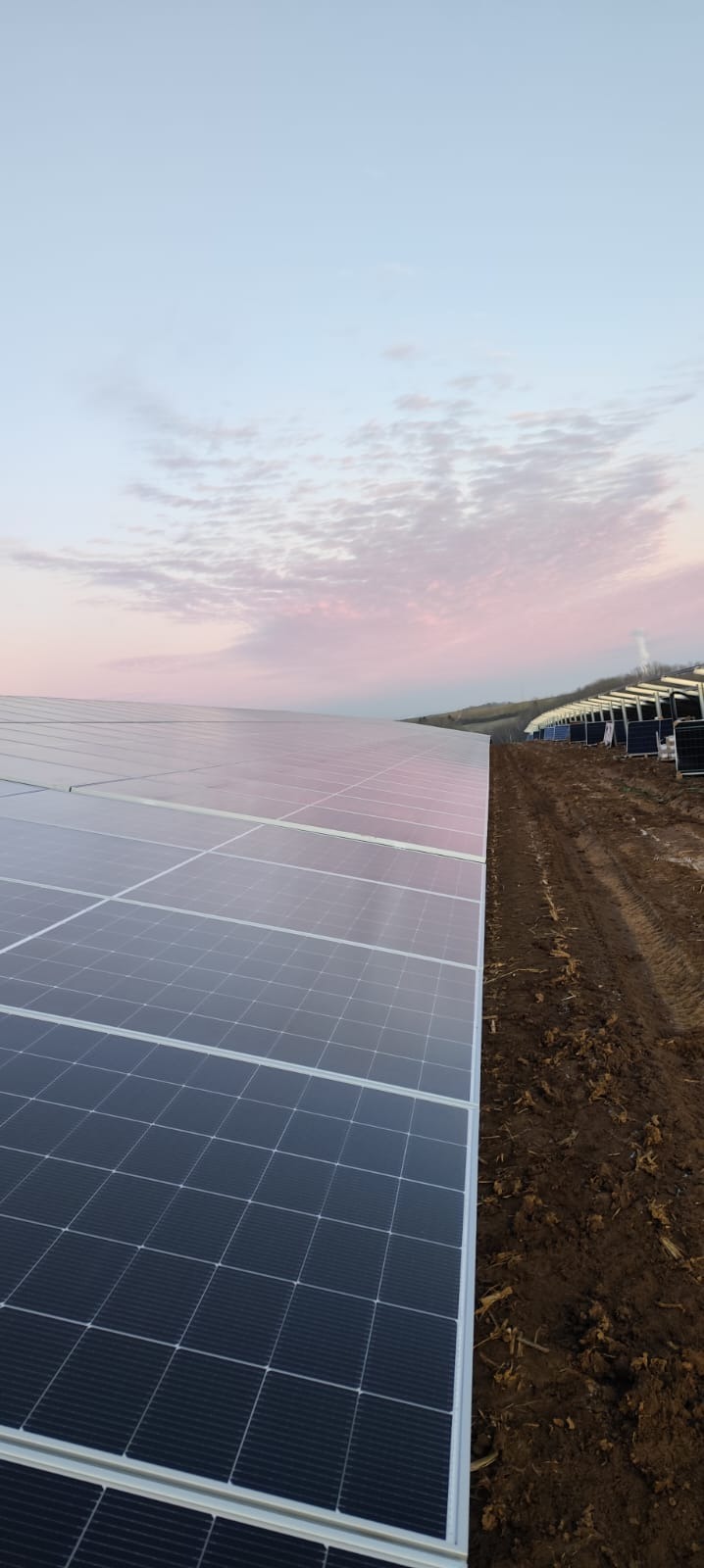 Rozległa farma paneli słonecznych, widoczne rzędy modułów na tle zachodzącego słońca i różowych chmur, z ziemistym terenem po prawej stronie.
