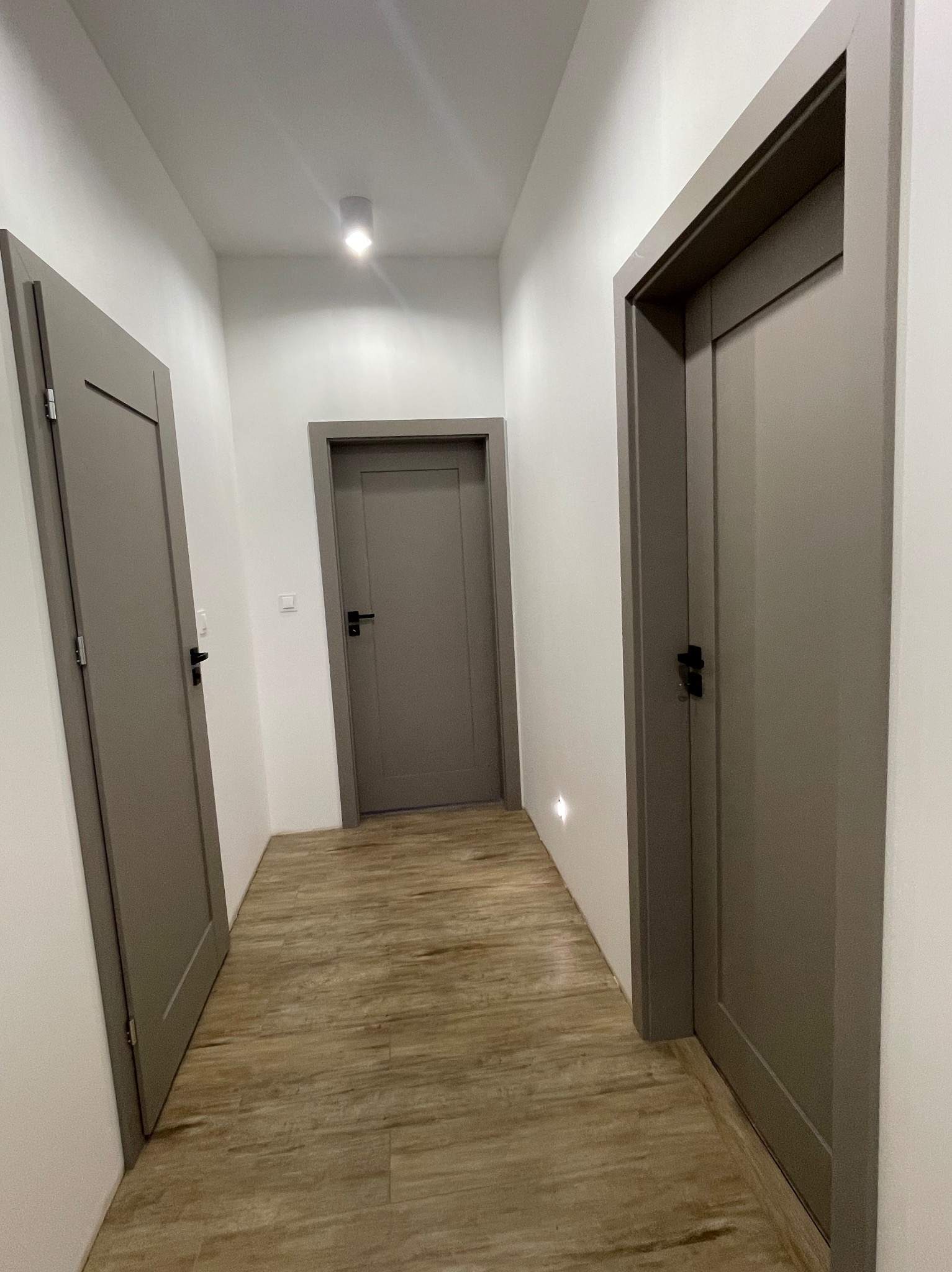 Korytarz z trzema szarymi drzwiami z czarnymi klamkami, podłoga imitująca drewno, białe ściany i sufit z punktowym oświetleniem. Minimalistyczny design.