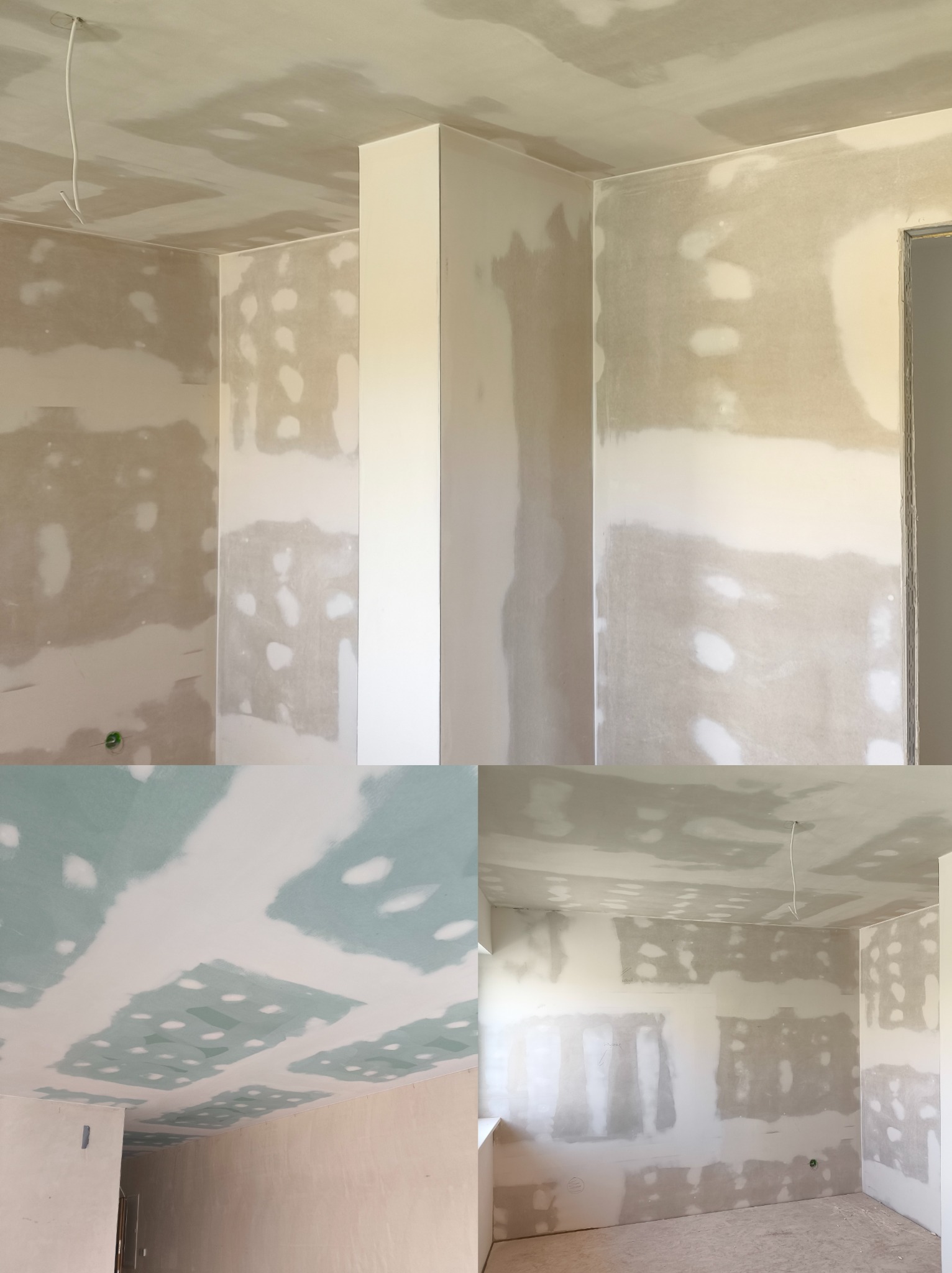 Wnętrze w trakcie szpachlowania: ściany i sufit pokryte gładzią gipsową, widoczne łączenia płyt karton-gips, przygotowane do malowania. Kabel zwisa z sufitu.