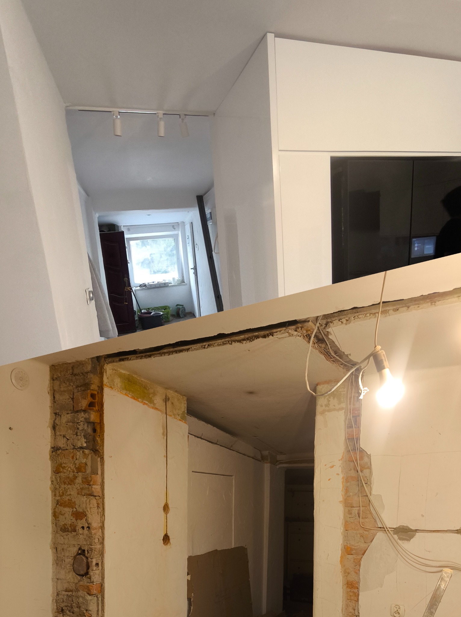 Porównanie: korytarz po remoncie z białymi ścianami i oświetleniem szynowym vs. stan surowy z odsłoniętą cegłą i wiszącą żarówką. Widoczne zmiany w wykończeniu.