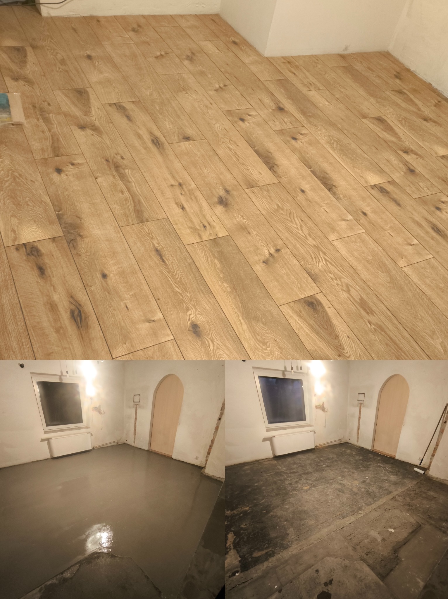 Układanie paneli podłogowych: widok na gotową podłogę z paneli drewnopodobnych oraz stan przed i po wylewce samopoziomującej w pomieszczeniu z oknem i łukowym wejściem.