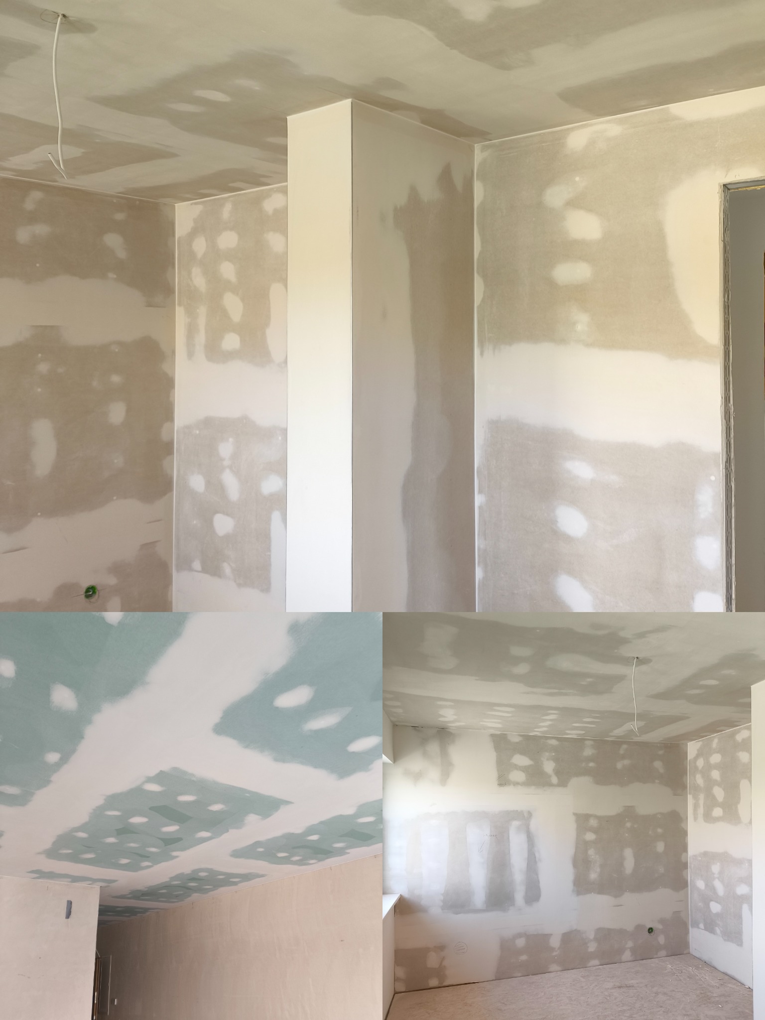Wnętrze pokoju w trakcie szpachlowania ścian i sufitu, widoczne łączenia płyt gipsowo-kartonowych. Fragment instalacji elektrycznej na suficie.
