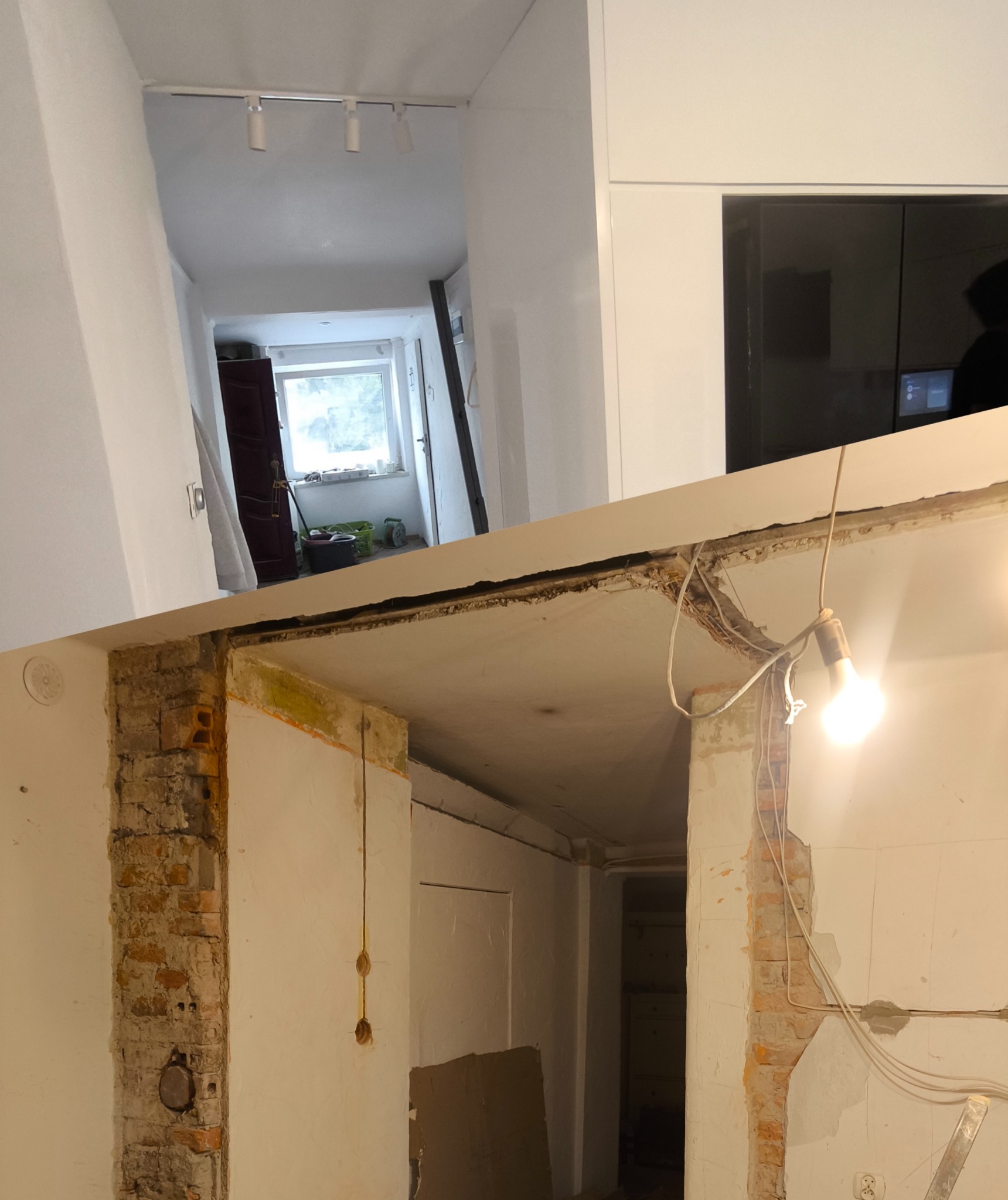 Dwuczęściowe ujęcie wnętrza: górna część ukazuje odnowione pomieszczenie z oświetleniem szynowym, dolna - fragment ściany z odsłoniętą cegłą po demontażu.