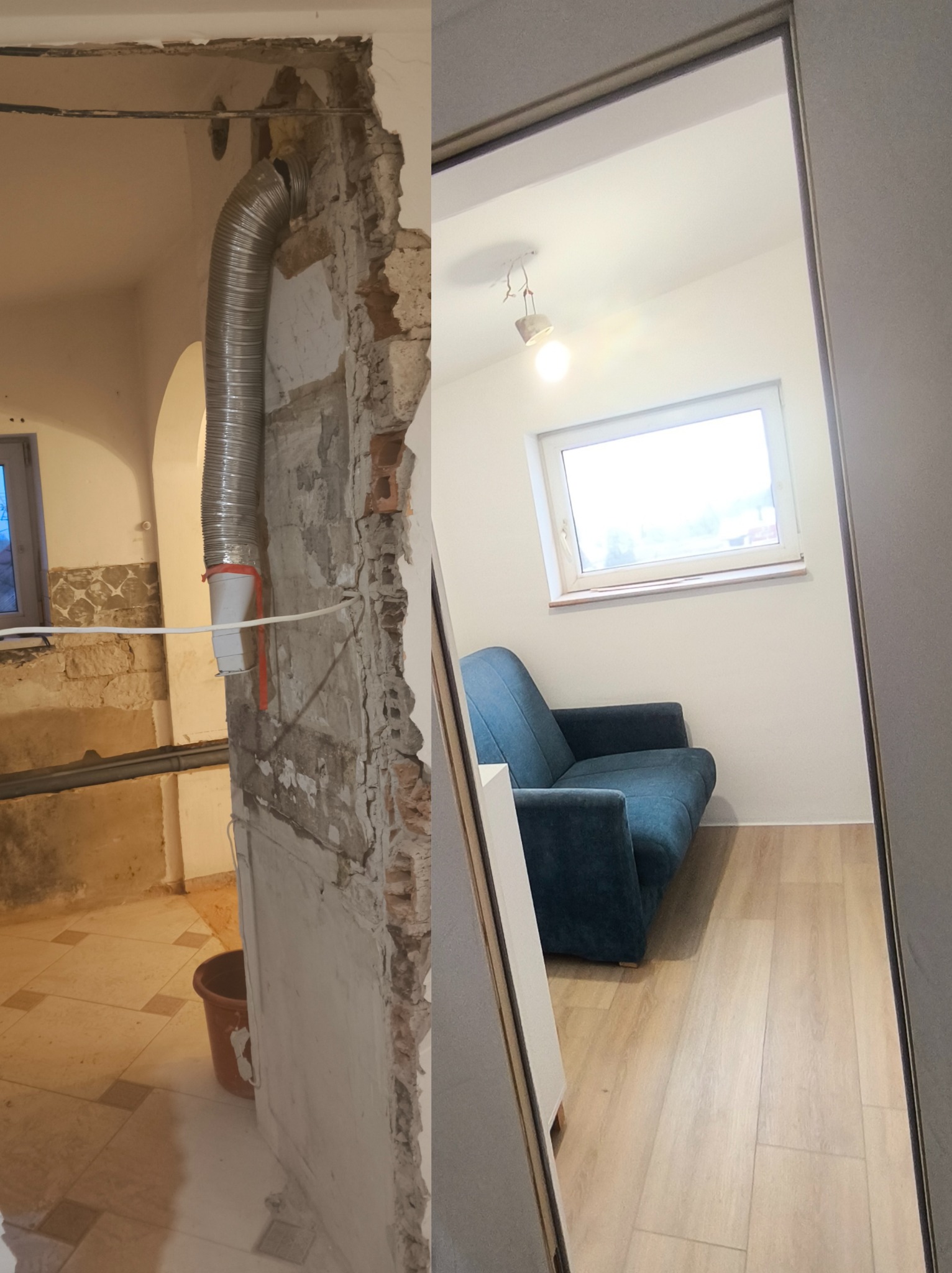 Zdjęcie 'przed i po' przedstawia fragment ściany: zniszczona, z widoczną instalacją wentylacyjną, a po prawej odnowione wnętrze z kanapą i panelami podłogowymi.
