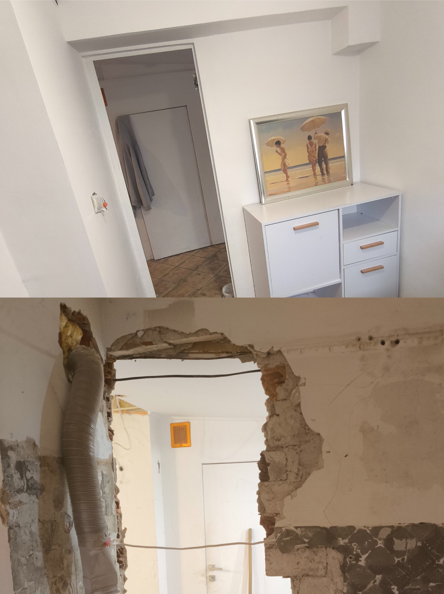 Zdjęcie 'przed i po' wyburzenia ściany: górna część ukazuje odnowione wnętrze z meblami i obrazem, dolna część prezentuje gruz i odsłoniętą konstrukcję po wyburzeniu.