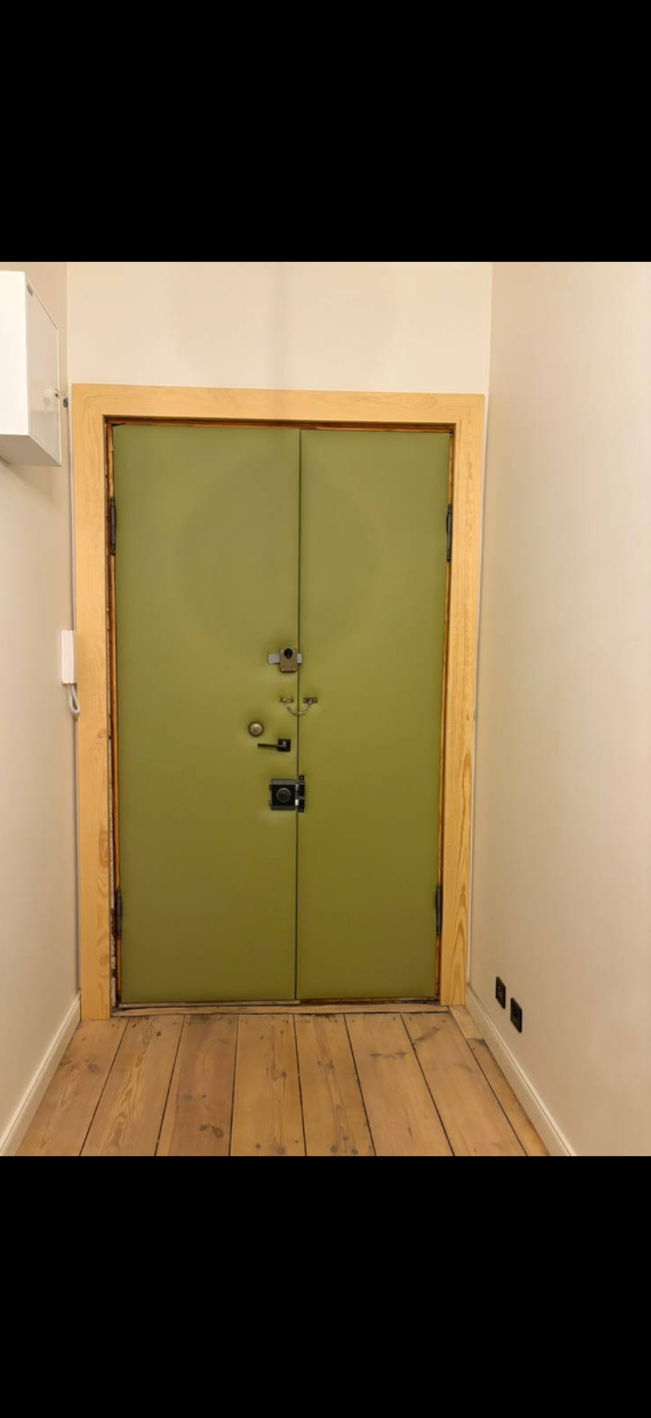 Dwuskrzydłowe, oliwkowe drzwi obite materiałem, z drewnianą futryną, widoczne od strony wewnętrznej, z zamkami i wizjerem, na tle drewnianej podłogi.