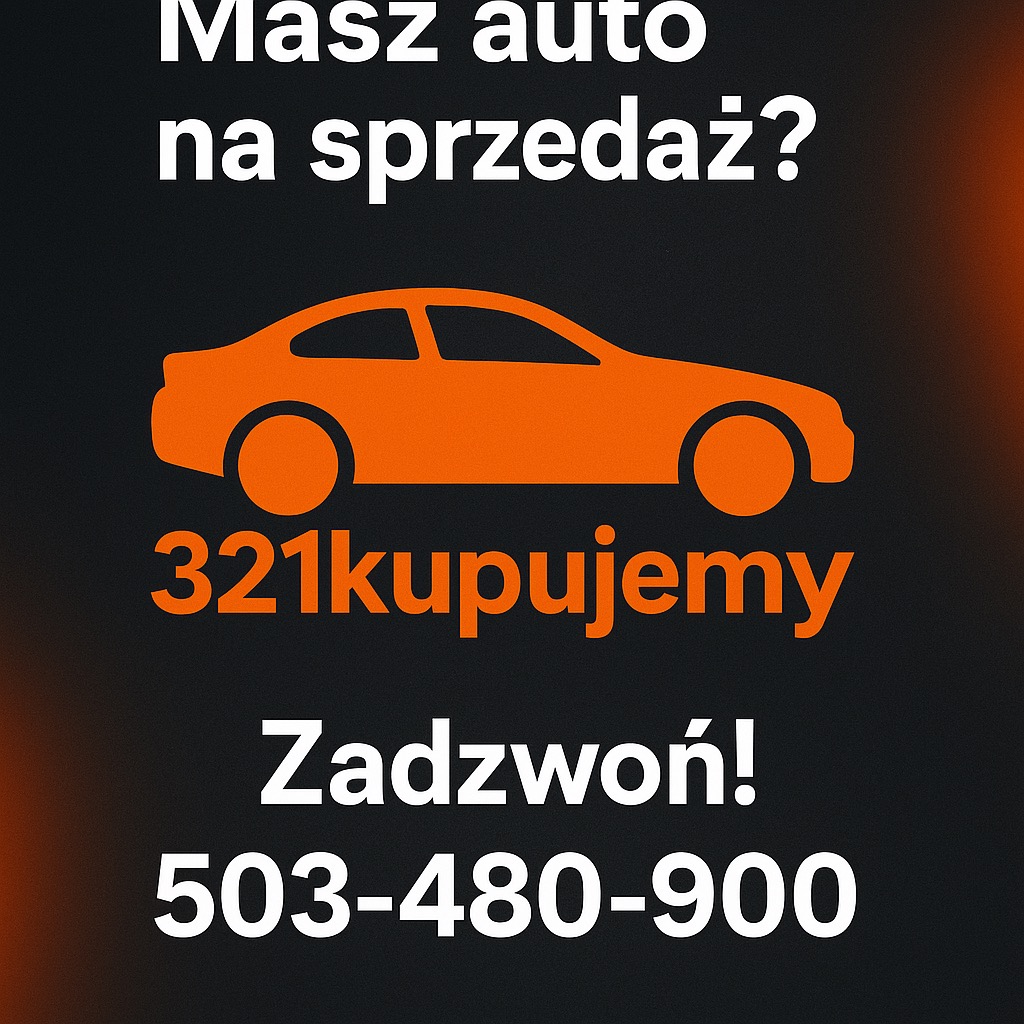 Pomarańczowa grafika auta z tekstem 'Masz auto na sprzedaż?' i numerem telefonu na ciemnym tle, promująca skup aut.