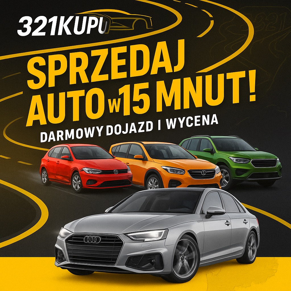 Sprzedaj auto w 15 minut! Darmowy dojazd i wycena. Na grafice widoczne auta w kolorach: czerwony, pomarańczowy, zielony i srebrny.