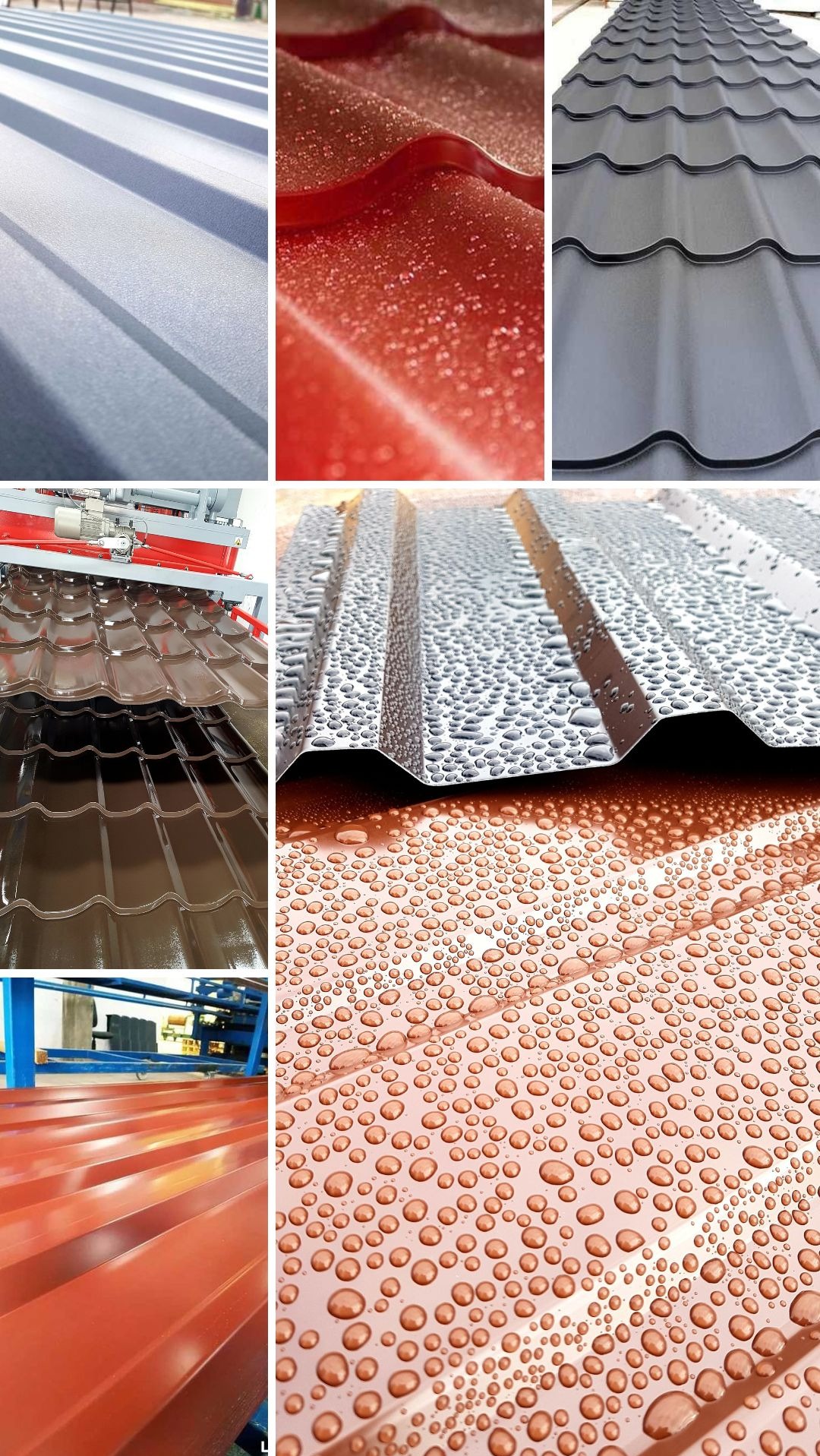 Kompozycja zbliżeń na różnokolorowe arkusze blachy trapezowej, w tym z efektem kropli wody, oraz fragment linii produkcyjnej.