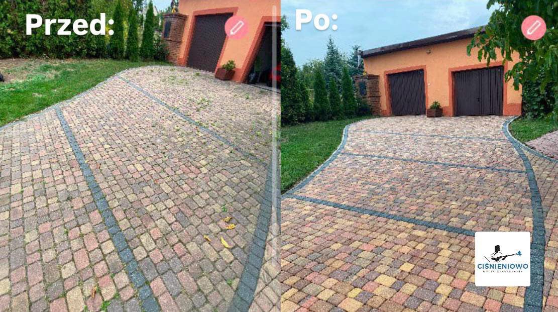 Porównanie stanu kostki brukowej przed i po czyszczeniu, widoczne różnice w kolorze i czystości, zarys budynku z garażem w tle.