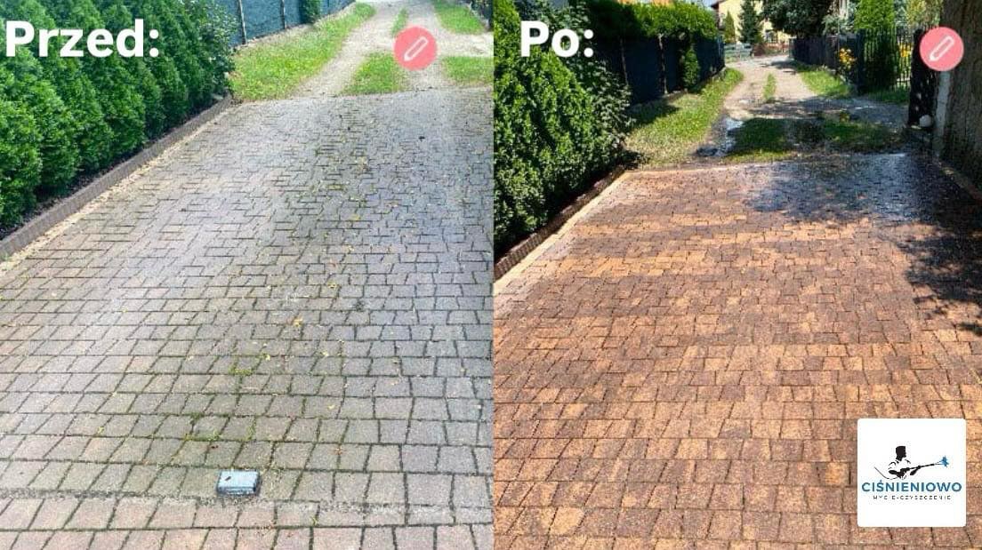 Porównanie stanu kostki brukowej przed i po czyszczeniu: po lewej stronie zaniedbana, szara kostka z mchem i zabrudzeniami, po prawej wyczyszczona, brązowa kostka, z widocznym logo firmy...