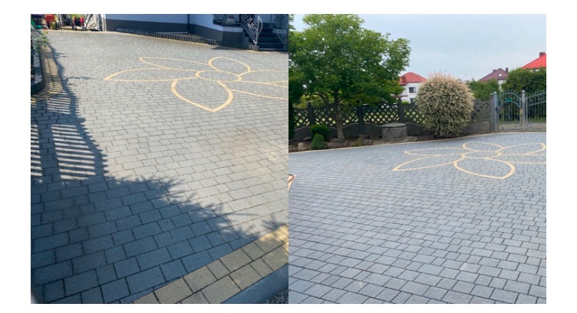 Częściowo umyta kostka brukowa z wzorem kwiatu: po lewej stronie widoczny efekt czyszczenia, po prawej kostka przed myciem, w tle dom i zieleń.