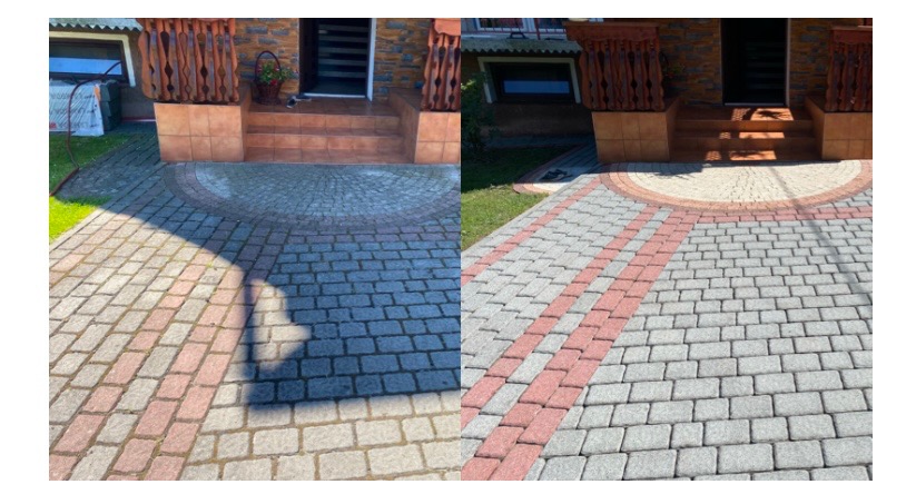 Porównanie stanu kostki brukowej przed i po czyszczeniu, widoczna różnica w kolorze i czystości, z elementami domu w tle.
