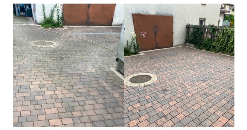 Porównanie stanu kostki brukowej przed i po czyszczeniu, widoczne różnice w kolorze i czystości, z żółtym wężem leżącym na brudnej części.